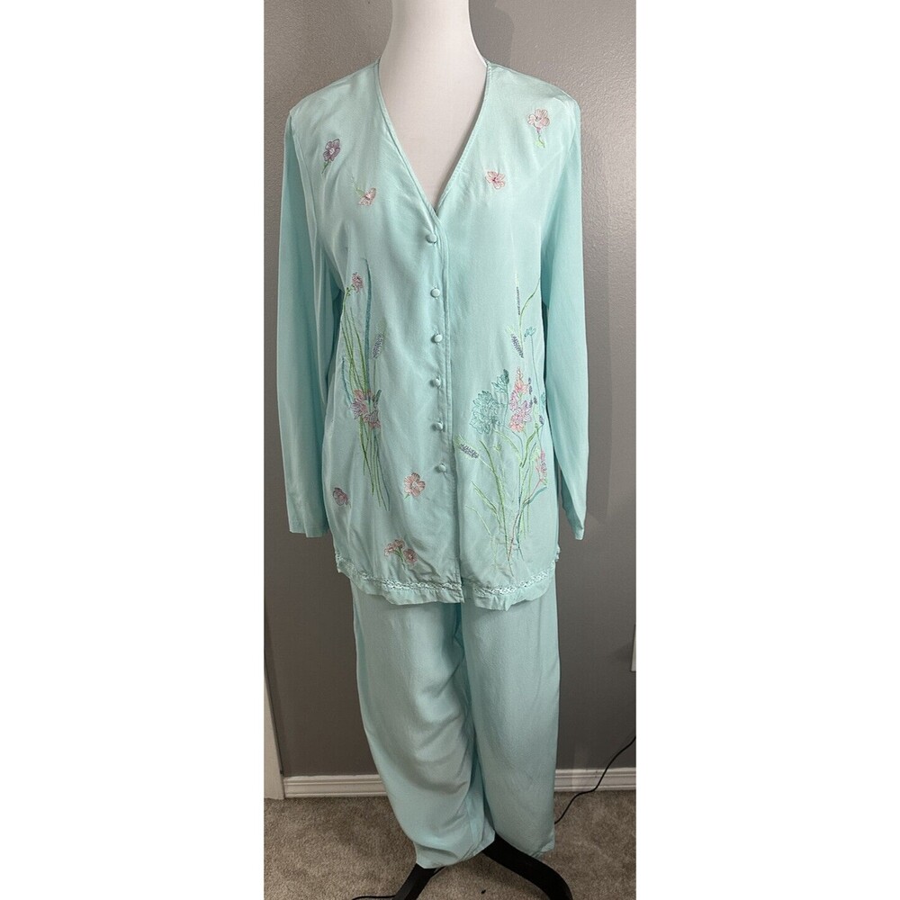Diane Von Furstenberg Silk Assets Blue Beaded Embroider 100% Silk Pajama Set S/M
